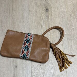 Brown Embroidered Faux Leather Clutch with Tassel